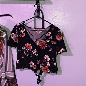 Cropped Floral Top with Criss Cross Detail